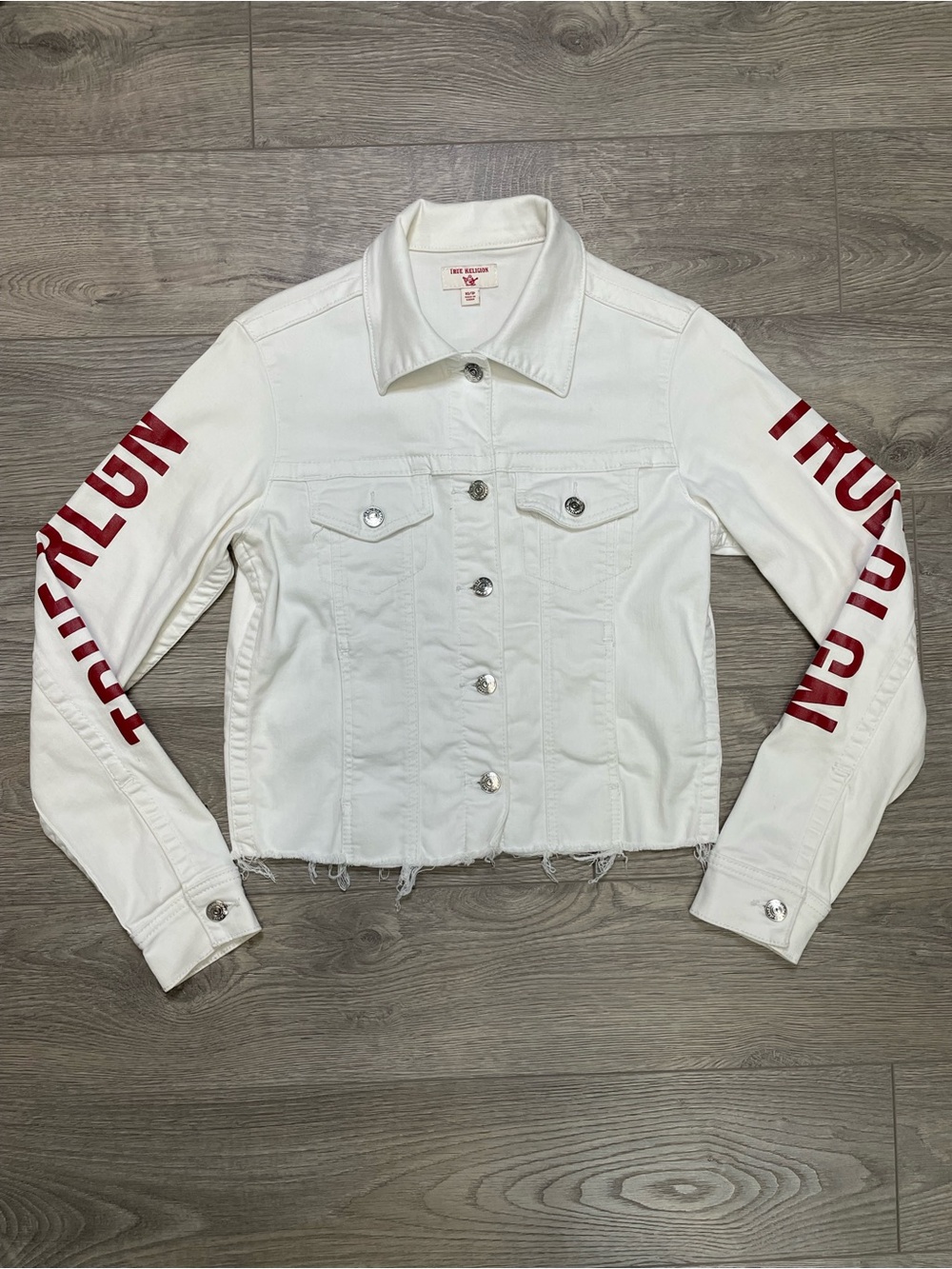 True Religion White Denim Jacket Fashion‎ Trucker Red Logo Cropped Fray XS
